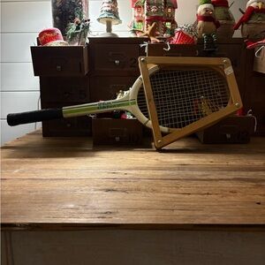 White with green and blue Wilson Chris Everritt Tennis Racket with Wooden Frame